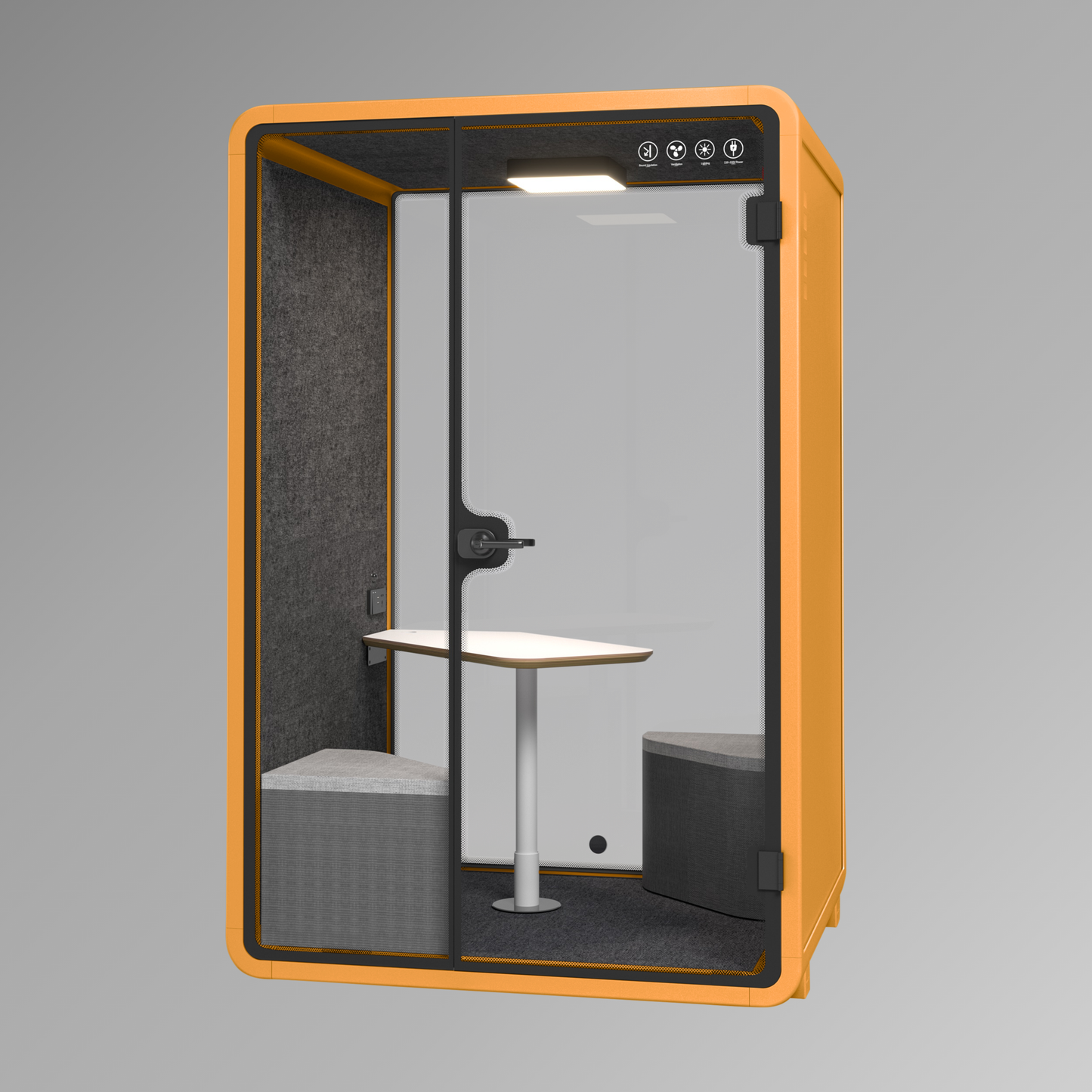 Modern office phone booth with orange frame and glass door on a gray background