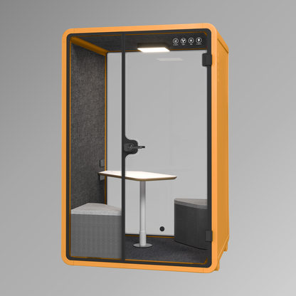 Modern office phone booth with orange frame and glass door on a gray background