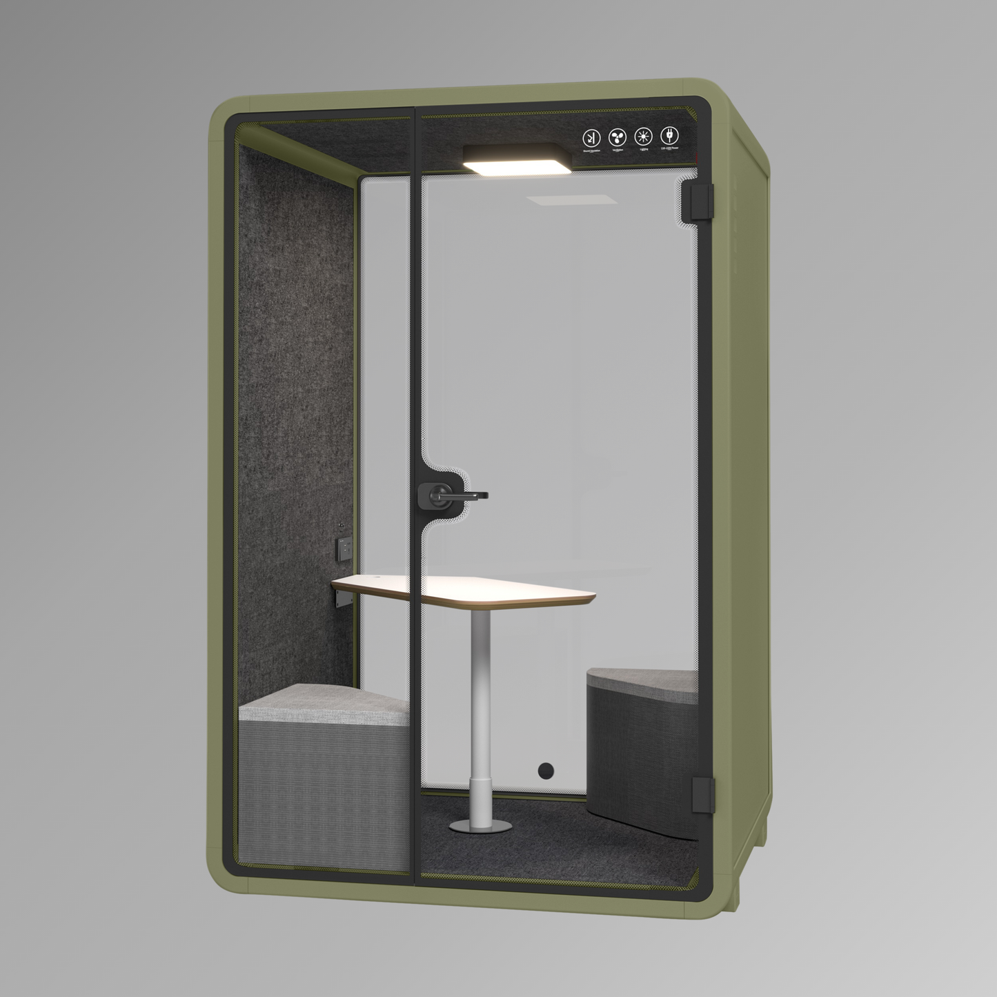 Office pod with a table and chair on a gray background