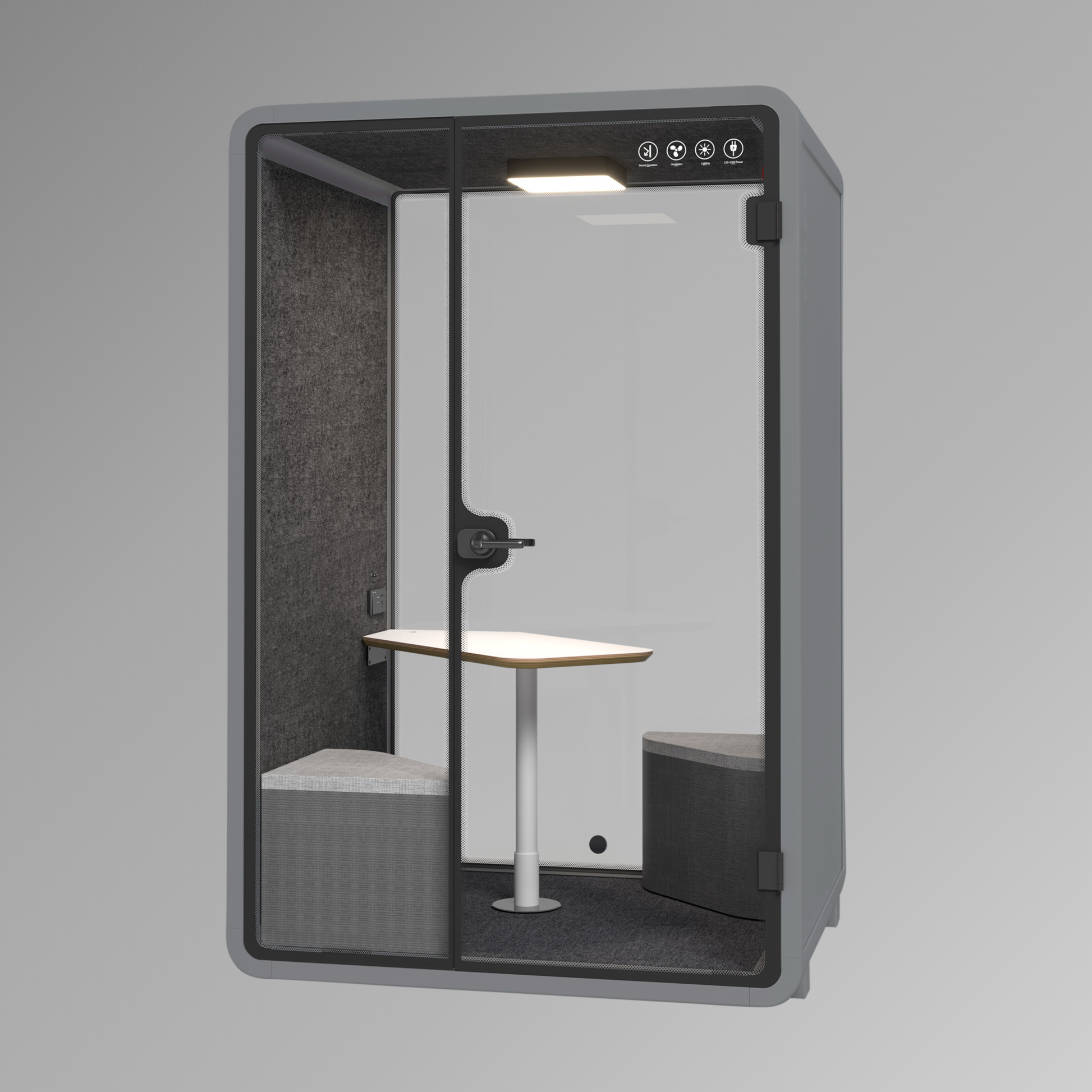 Modern office pod with a small table and bench on a gray background