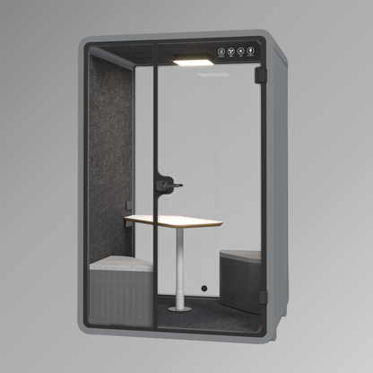Modern office pod with a small table and bench on a gray background