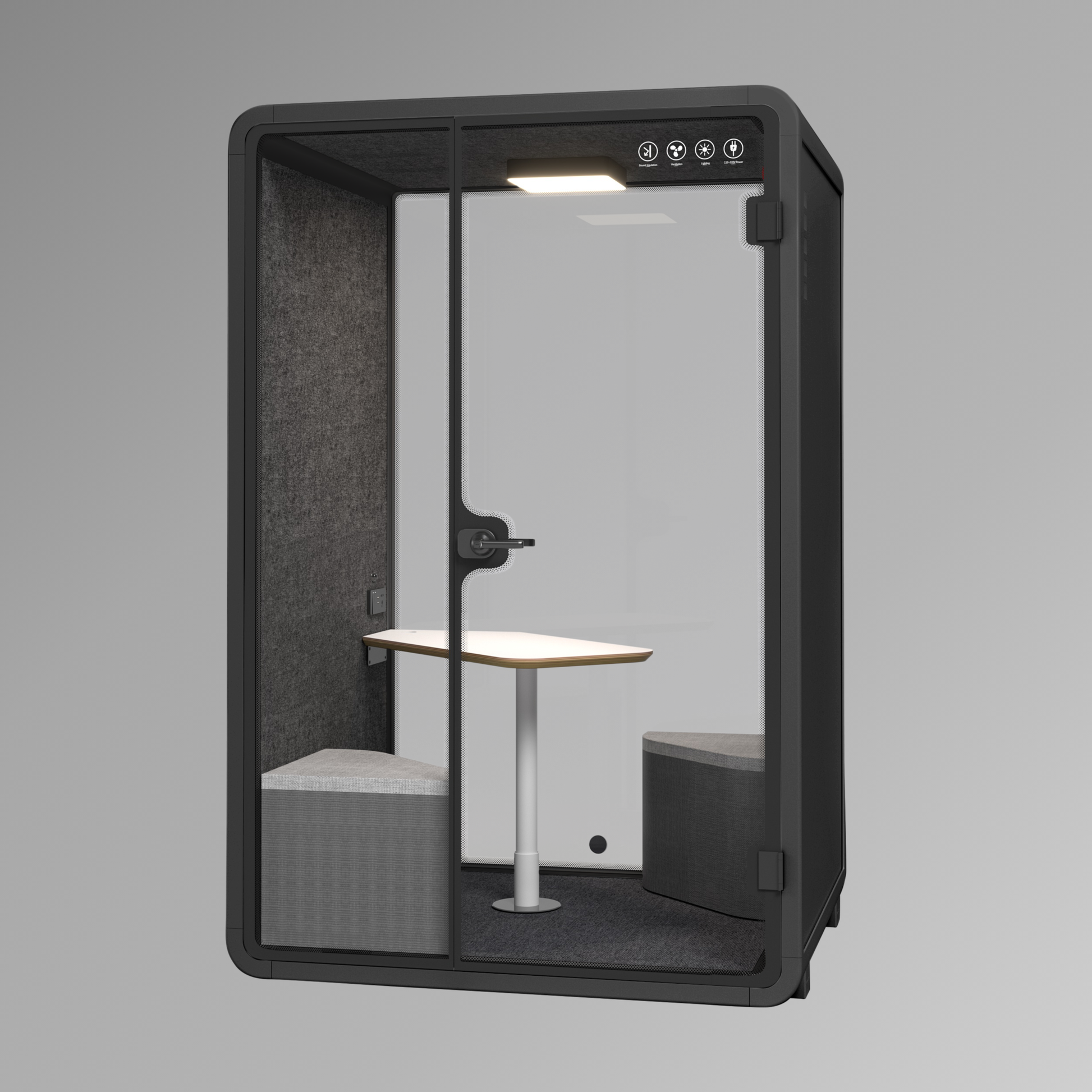 Modern office pod with a small table and bench on a gray background