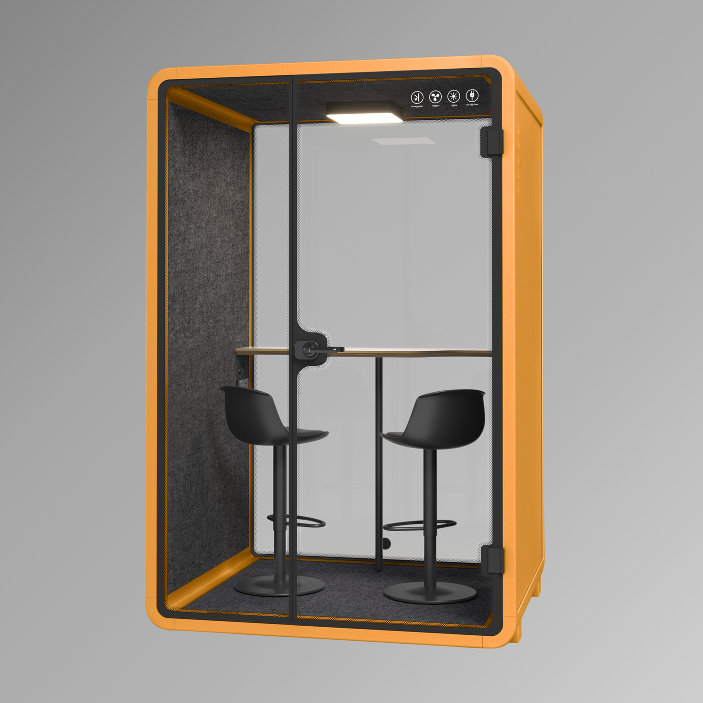 Office pod with orange frame, black interior, and two stools on a gray background