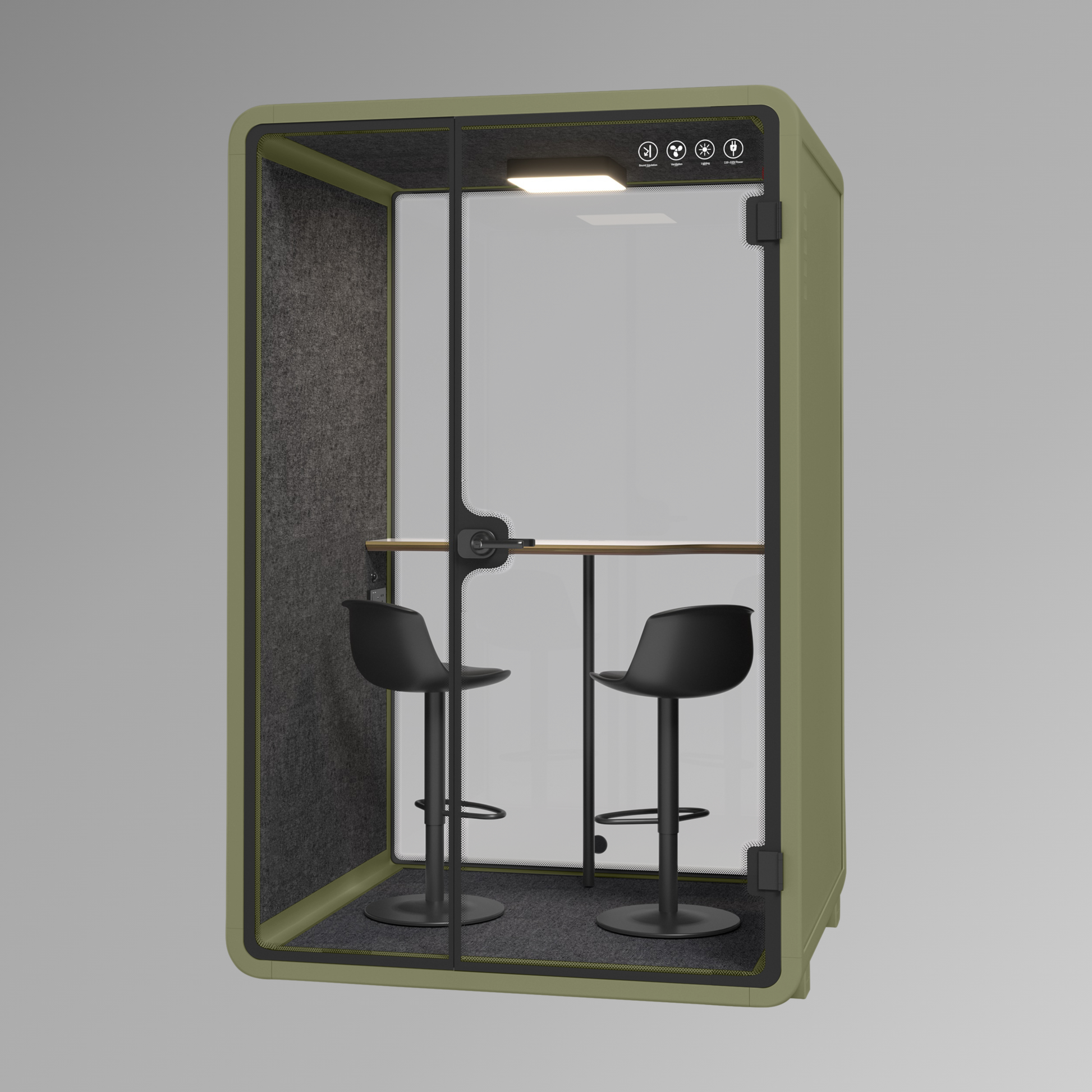 Green private booth with black stools on a gray background