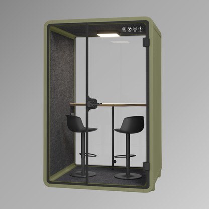 Green private booth with black stools on a gray background