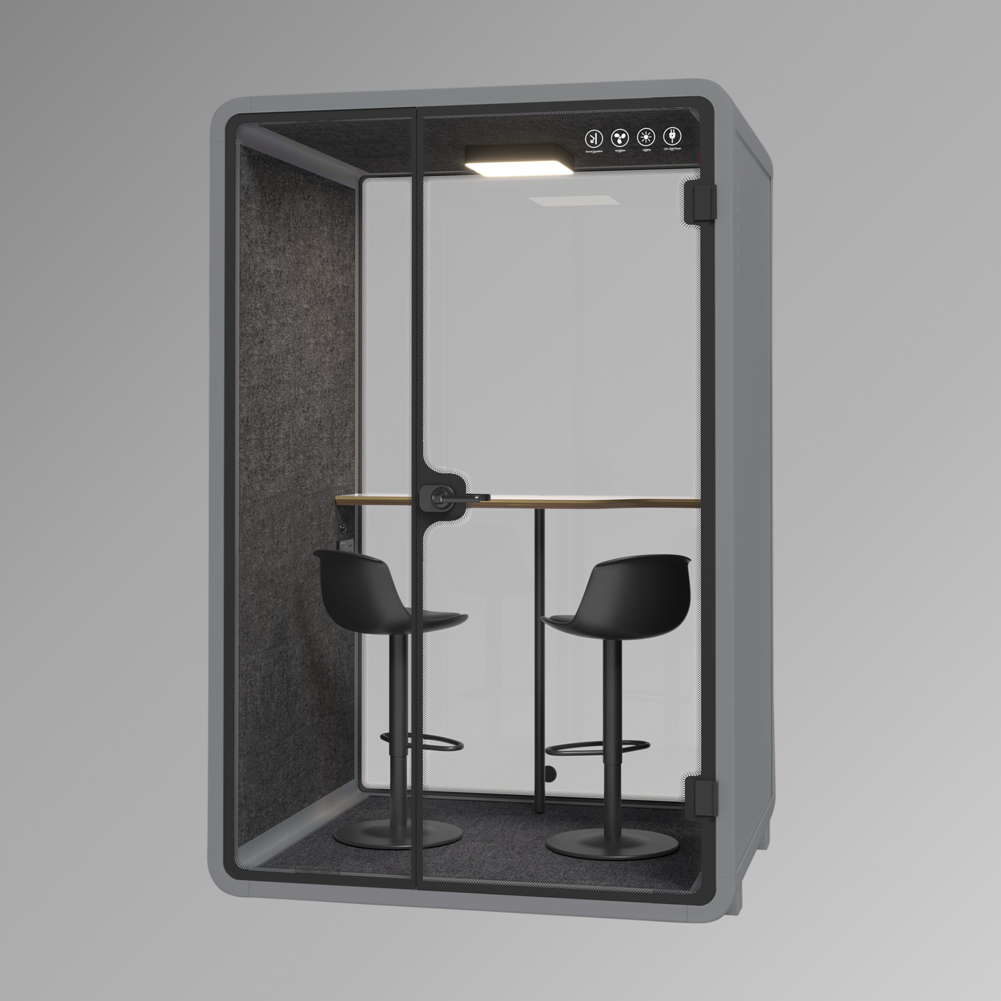 Office pod with two black stools inside on a gray background