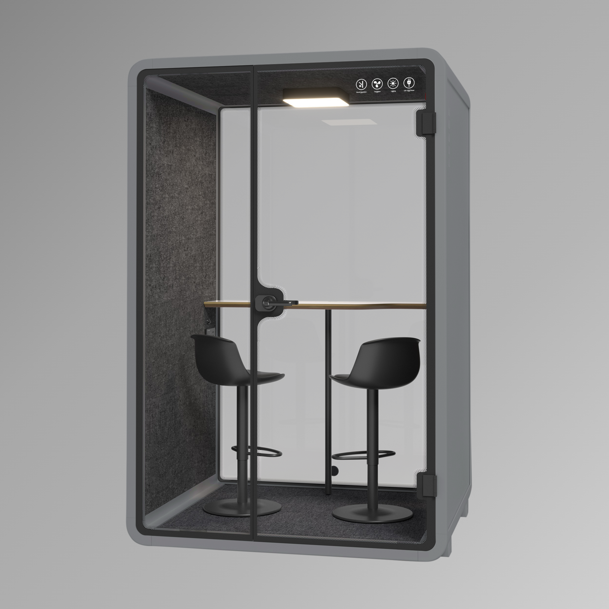 Office pod with two black stools inside on a gray background