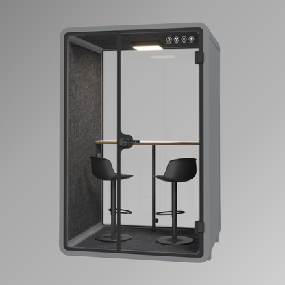 Office pod with two black stools inside on a gray background