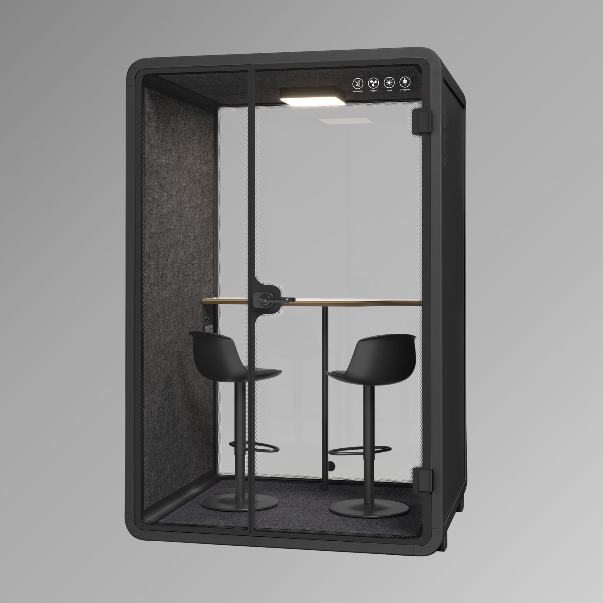 Black soundproof booth with two stools inside on a gray background
