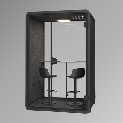 Black soundproof booth with two stools inside on a gray background