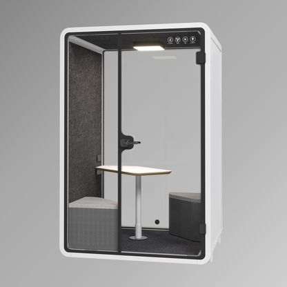 Office pod with a table and chair on a gray background