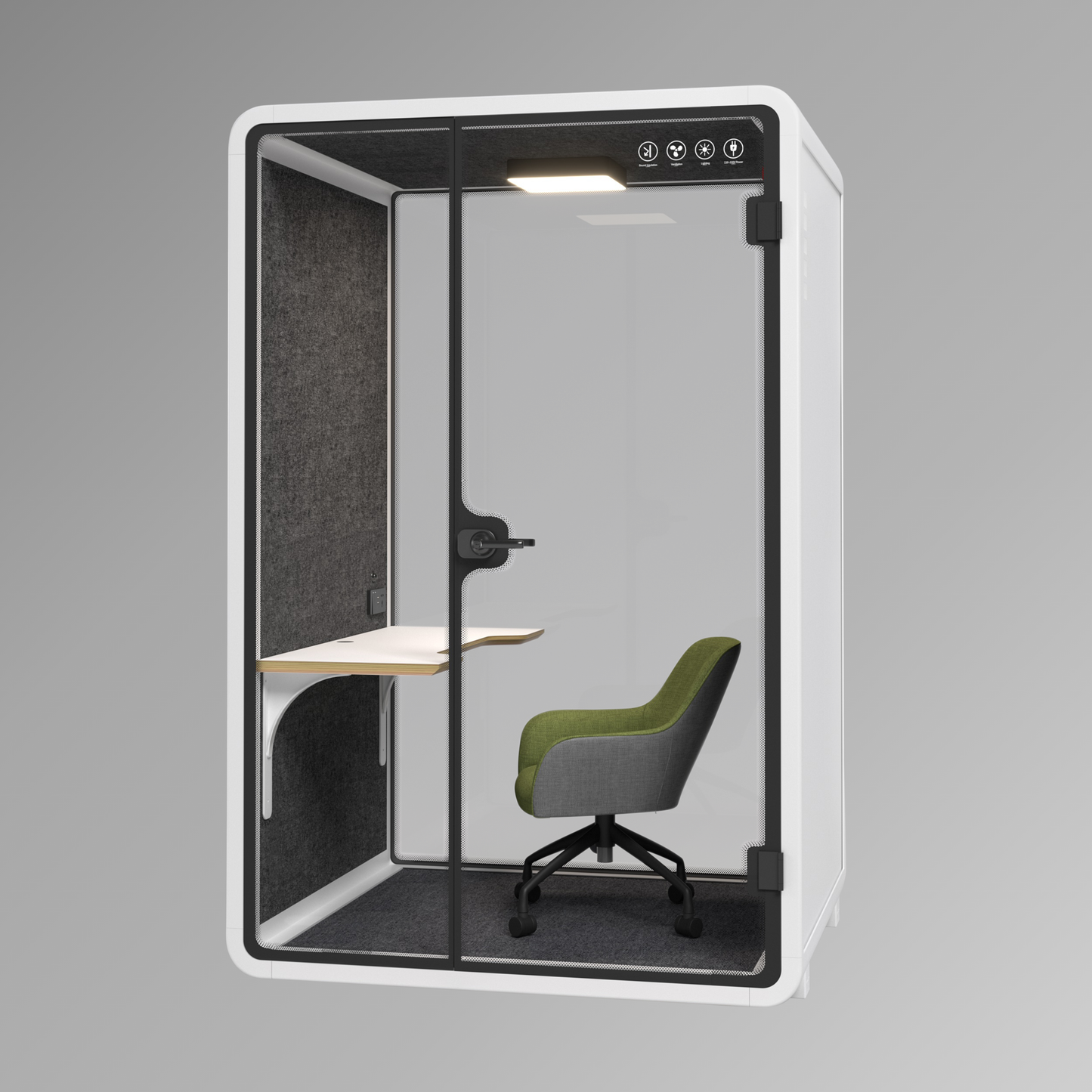 Modern office pod with a chair and small table on a gray background