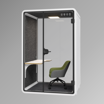 Modern office pod with a chair and small table on a gray background