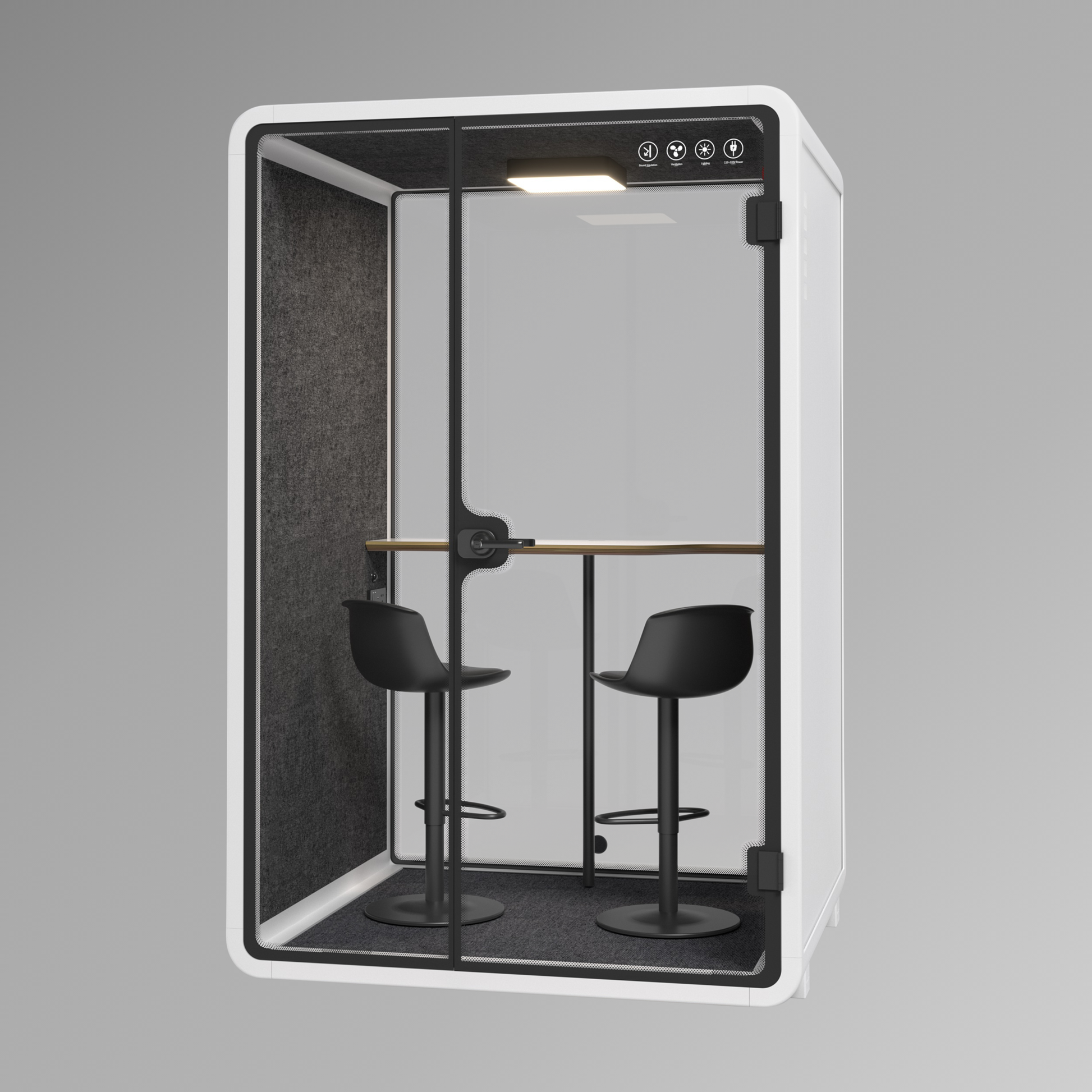 Office pod with a table and two chairs on a gray background