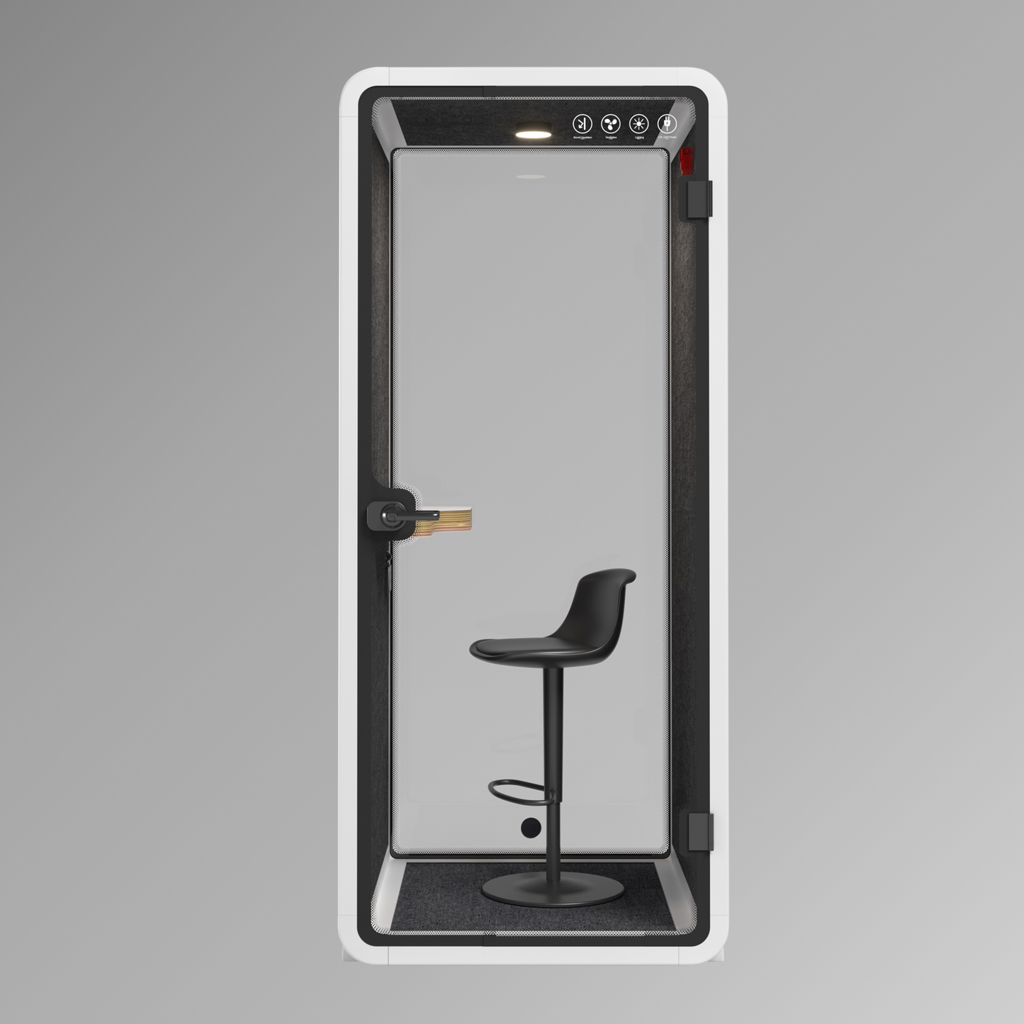 Modern phone booth with a black stool inside on a gray background