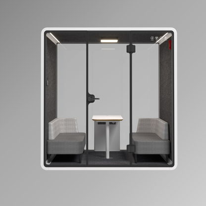 Office pod with two seats and a table on a gray background
