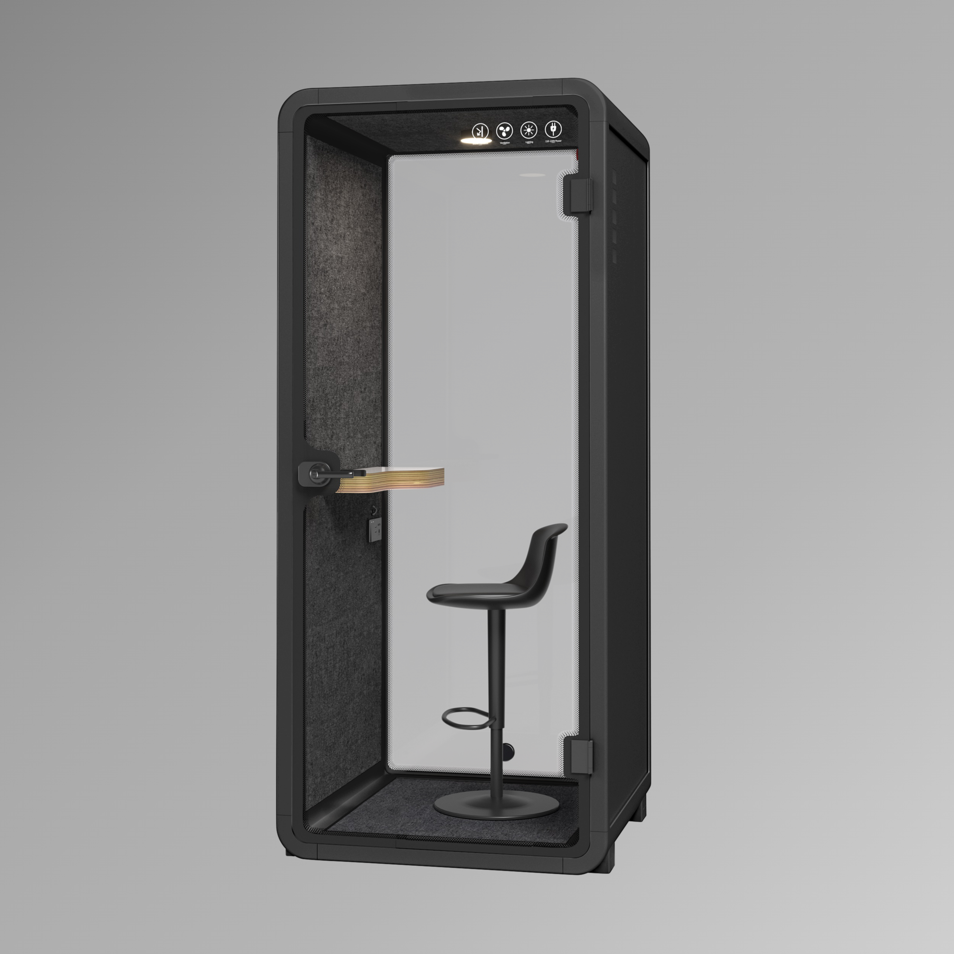 Black soundproof booth with a stool on a gray background