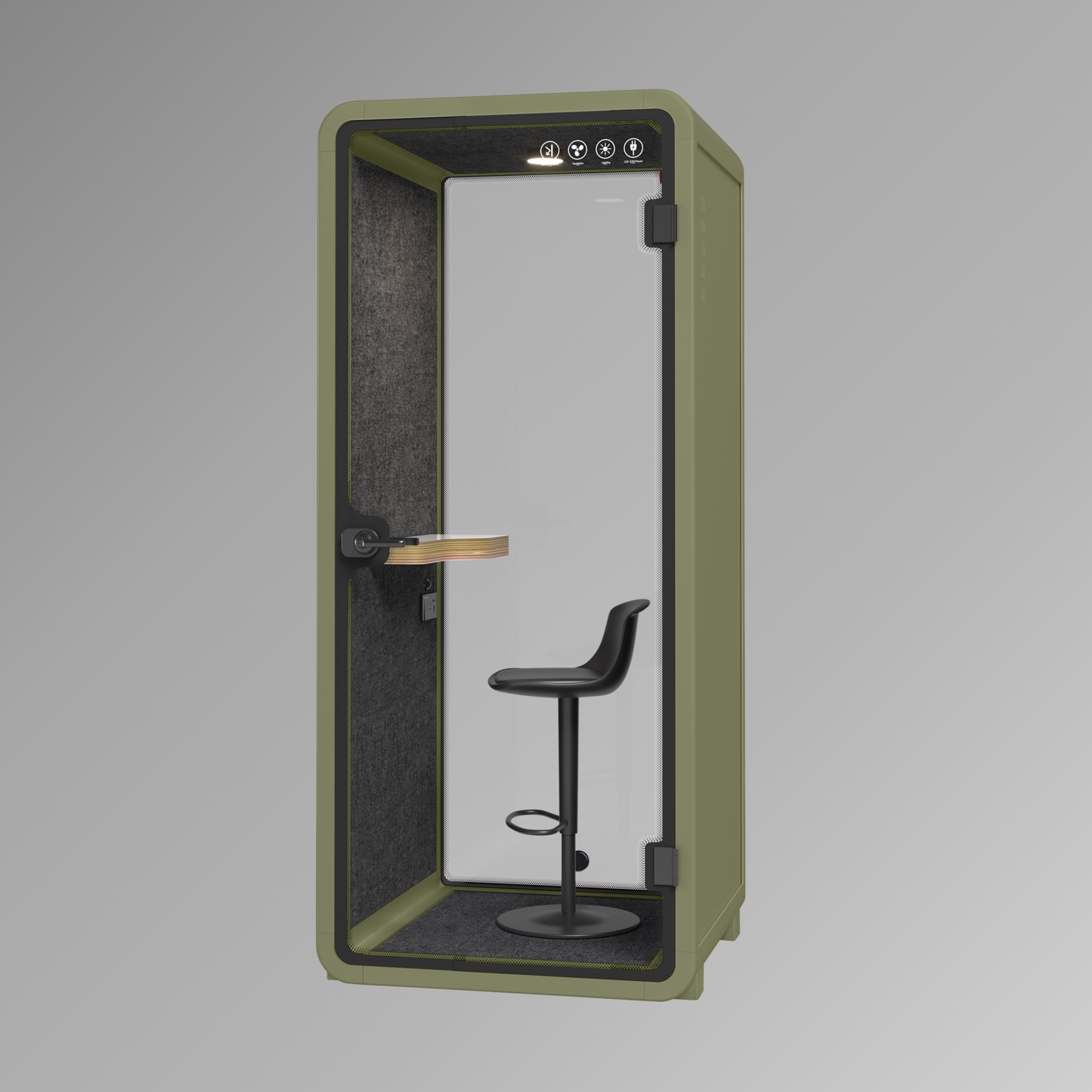 Private office pod with a stool on a gray background