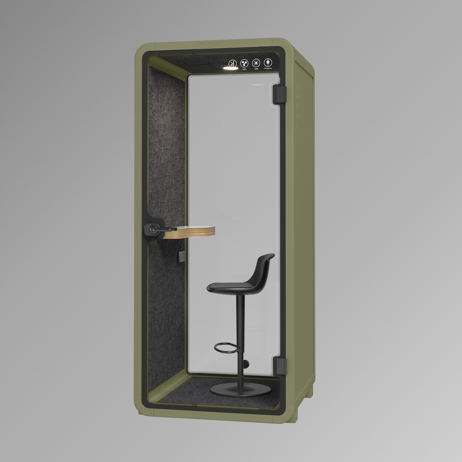 Private office pod with a stool on a gray background
