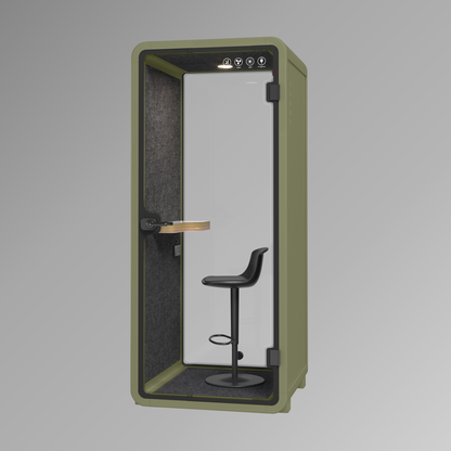Private office pod with a stool on a gray background