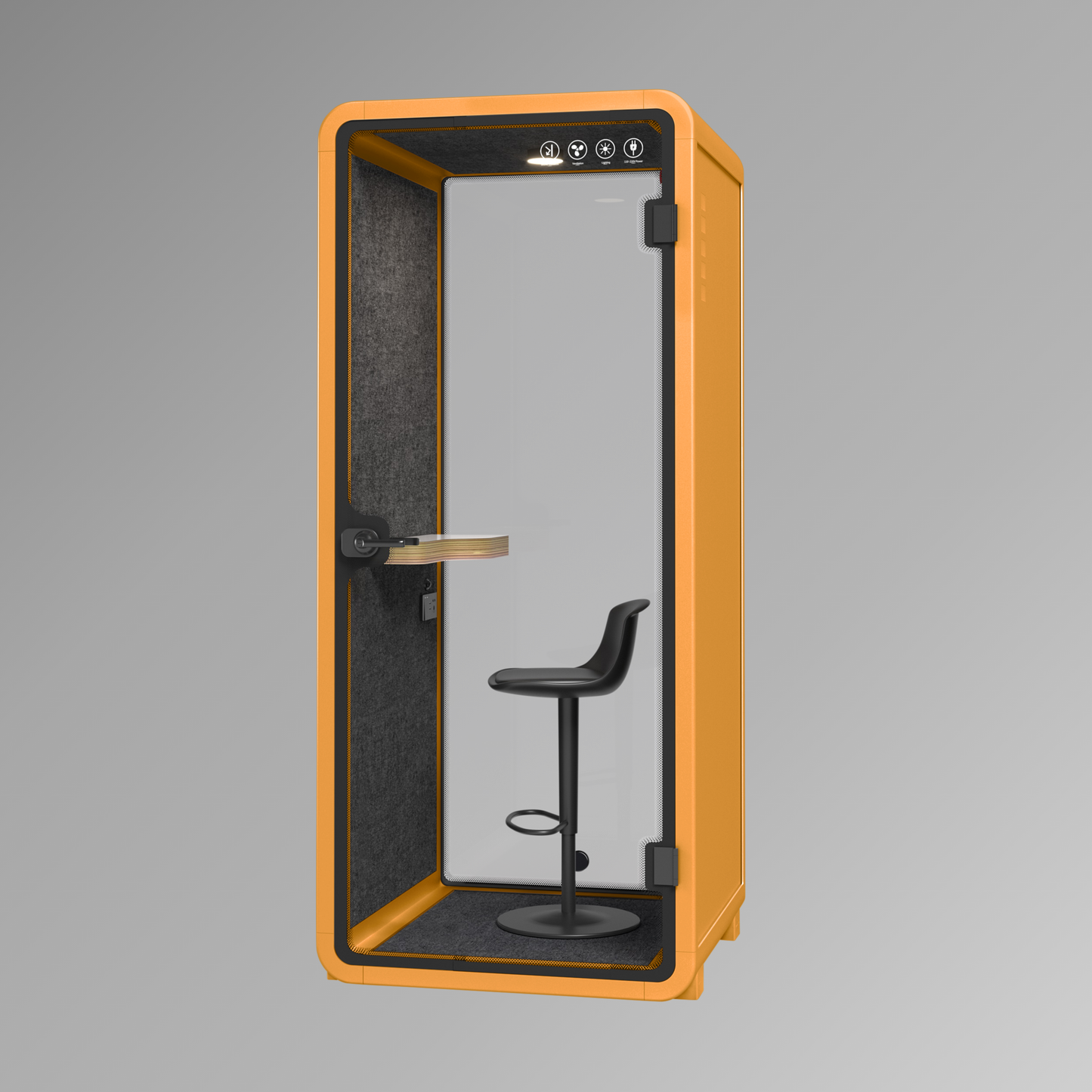 Orange phone booth with a black chair inside on a gray background
