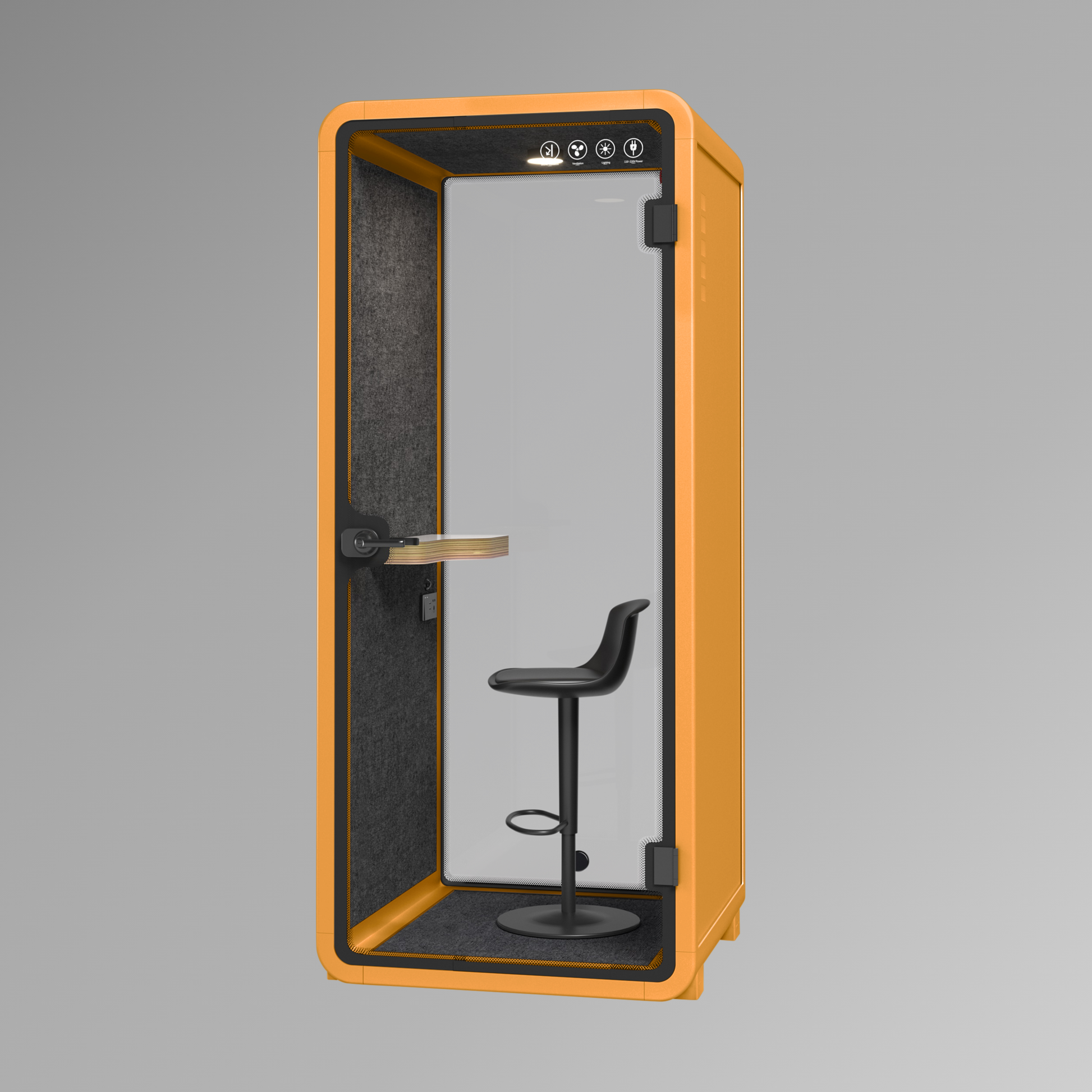 Orange phone booth with a black chair inside on a gray background